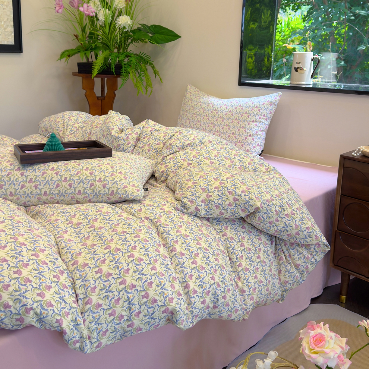 91家纺网 家纺一手货源 找家纺 竹合家纺 2025秋冬新品爆款有氧人字纹提花小清新加厚四件套 花影