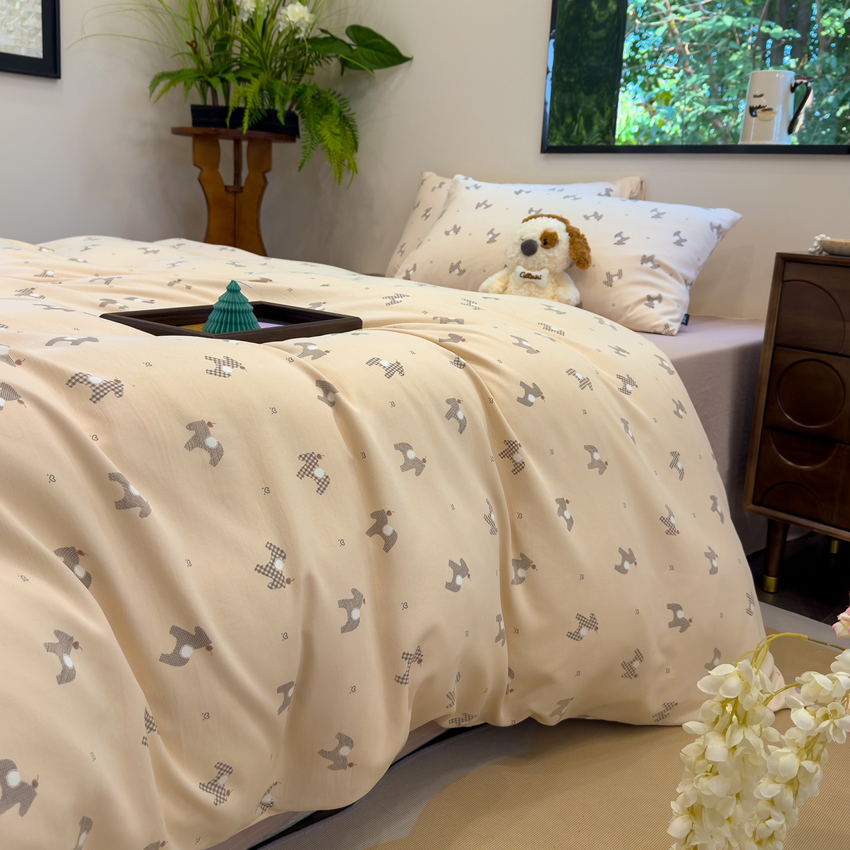 91家纺网 家纺一手货源 找家纺 竹合家纺 2025秋冬新品爆款有氧人字纹提花小清新加厚四件套 小木马