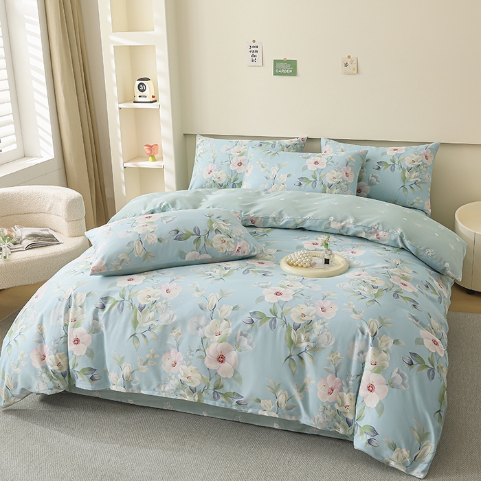 91家纺网 家纺一手货源 找家纺 宇彬家纺 2025直播新款13372全棉纯棉印花单双人被套喷气小清新简约热款学生被罩 颜礼-蓝