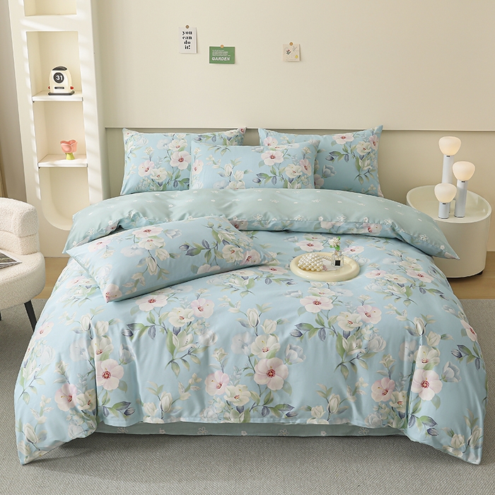 91家纺网 家纺一手货源 找家纺 宇彬家纺 2025直播新款13372全棉纯棉印花单双人被套喷气小清新简约热款学生被罩 颜礼-蓝