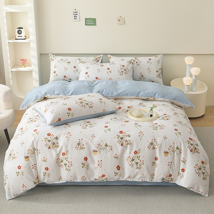 91家纺网 家纺一手货源 找家纺 宇彬家纺 2025直播新款13372全棉纯棉印花单双人被套喷气小清新简约热款学生被罩 花间小趣-红