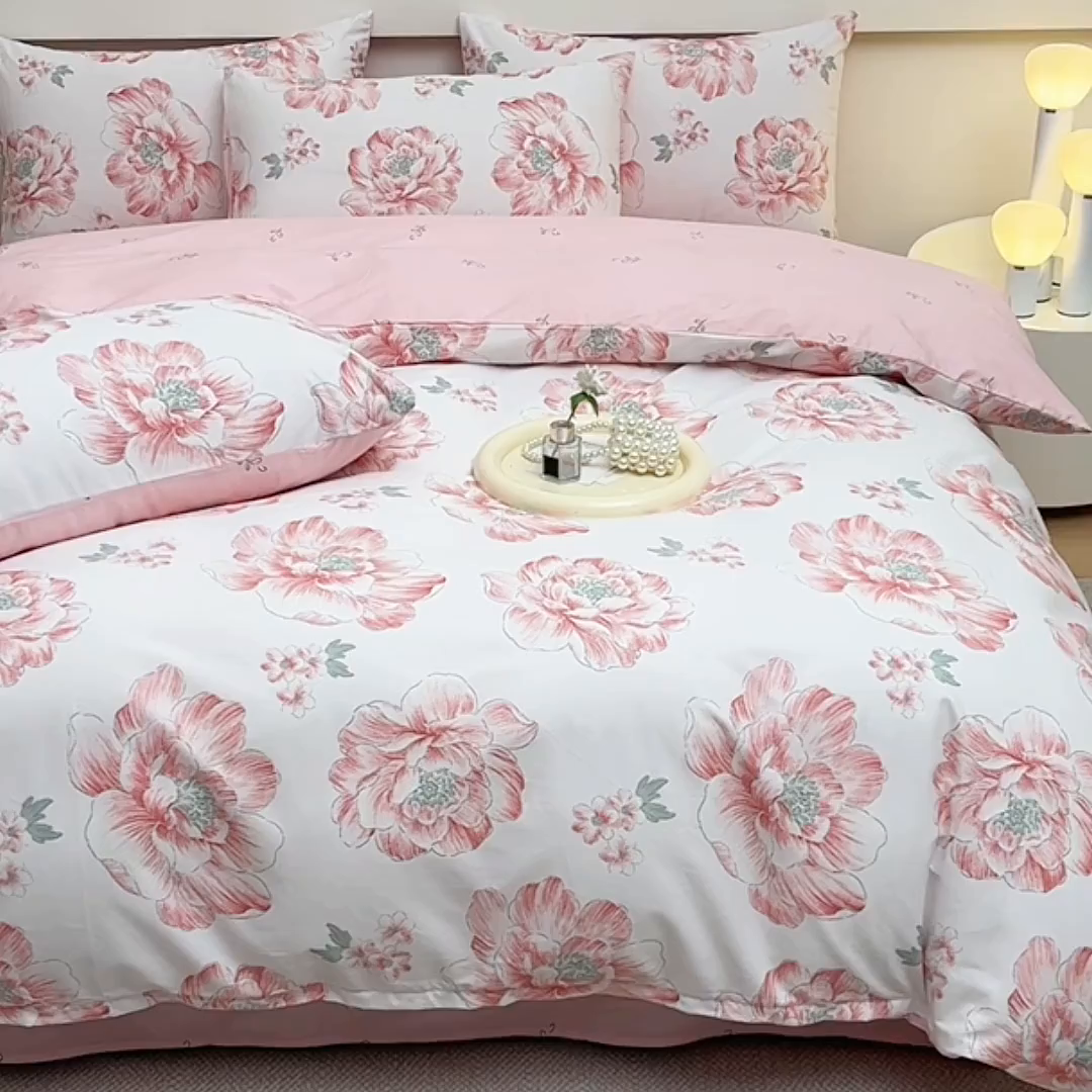 91家纺网 家纺一手货源 找家纺 宇彬家纺 2025直播新款13372全棉纯棉印花单双人被套喷气小清新简约热款学生被罩 花开牡丹