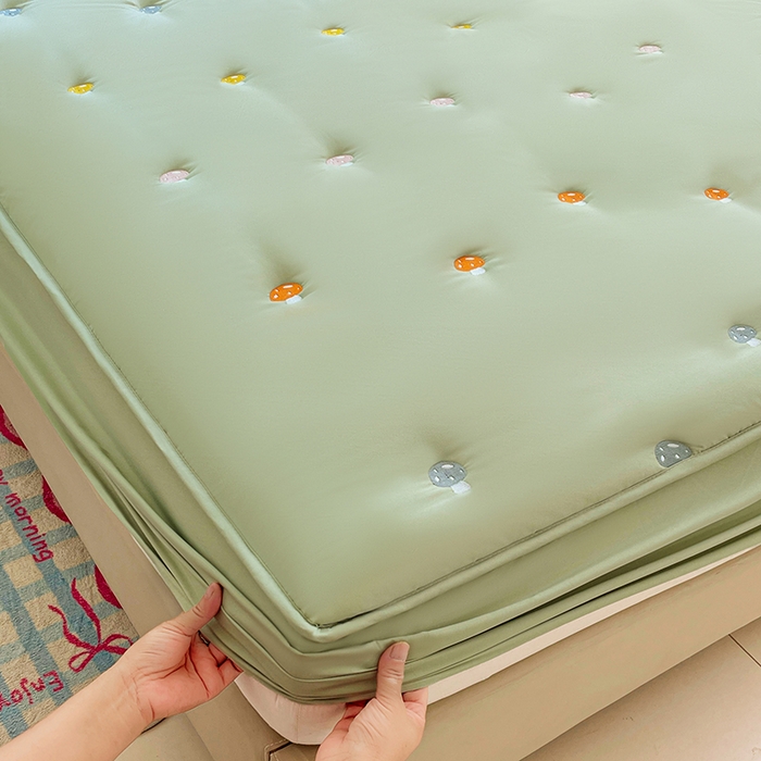 91家纺网 家纺一手货源 找家纺 梦舒羽 2025新款水洗棉刺绣夹棉床笠床笠防滑床罩床垫保护套榻榻米宿舍三件套 蘑菇屋-苹果绿