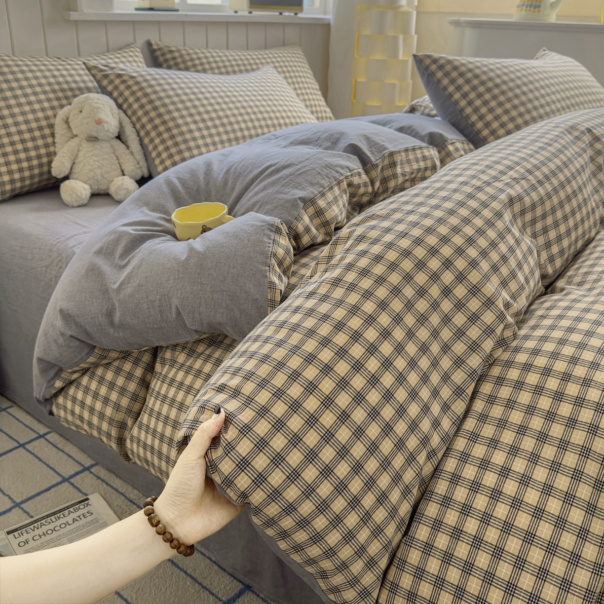 91家纺网 家纺一手货源 找家纺 （总）晚依家纺 2025新款A类全棉色织水洗棉四件套纯棉格子纯色被套学生宿舍三件套定制定做