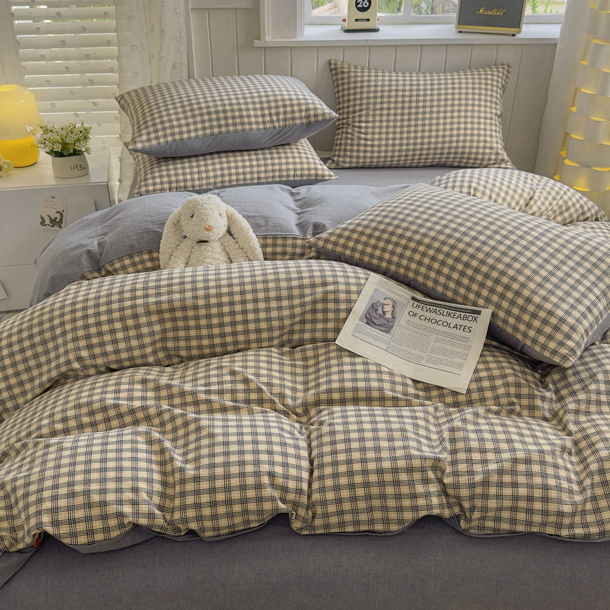 91家纺网 家纺一手货源 找家纺 （总）晚依家纺 2025新款A类全棉色织水洗棉四件套纯棉格子纯色被套学生宿舍三件套定制定做