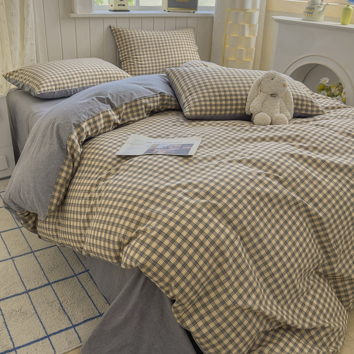 91家纺网 家纺一手货源 找家纺 （总）晚依家纺 2025新款A类全棉色织水洗棉四件套纯棉格子纯色被套学生宿舍三件套定制定做