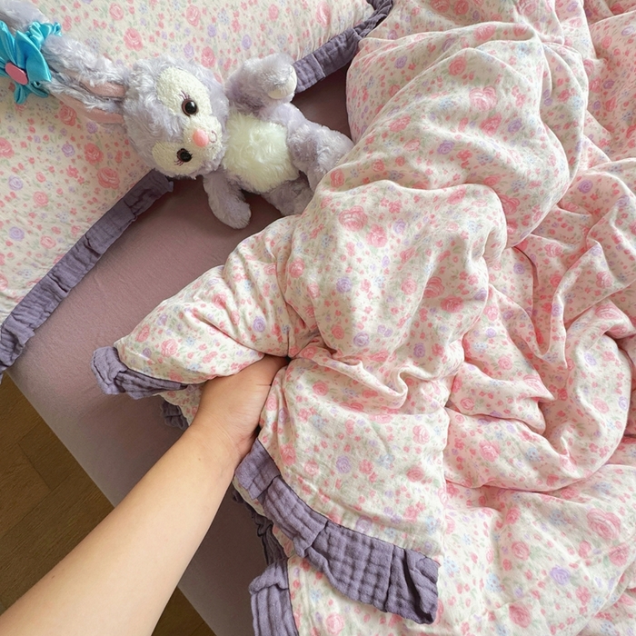 91家纺网 家纺一手货源 找家纺 （总）8+8 2025新款全棉纯棉双层纱镂空花边/皱皱花边四件套