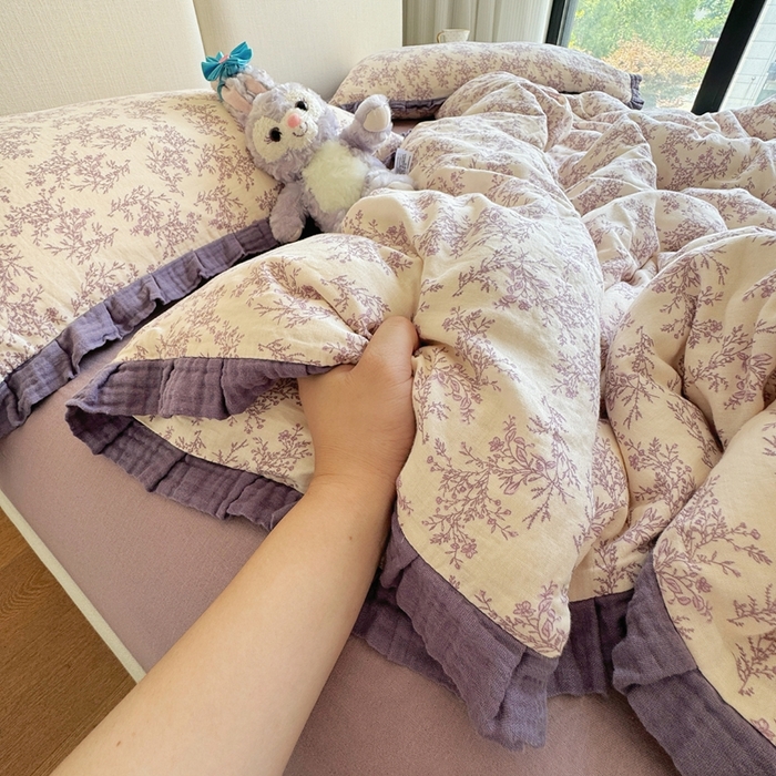 91家纺网 家纺一手货源 找家纺 （总）8+8 2025新款全棉纯棉双层纱镂空花边/皱皱花边四件套