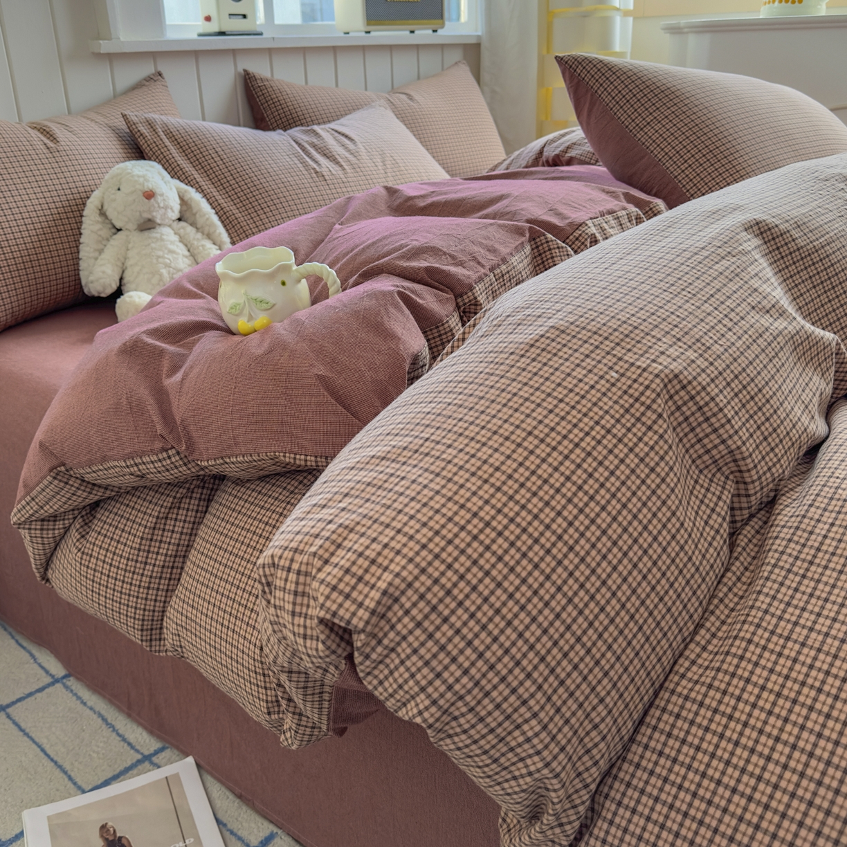 91家纺网 家纺一手货源 找家纺 （总）晚依家纺 2025新款A类全棉色织水洗棉四件套纯棉格子纯色被套学生宿舍三件套定制定做