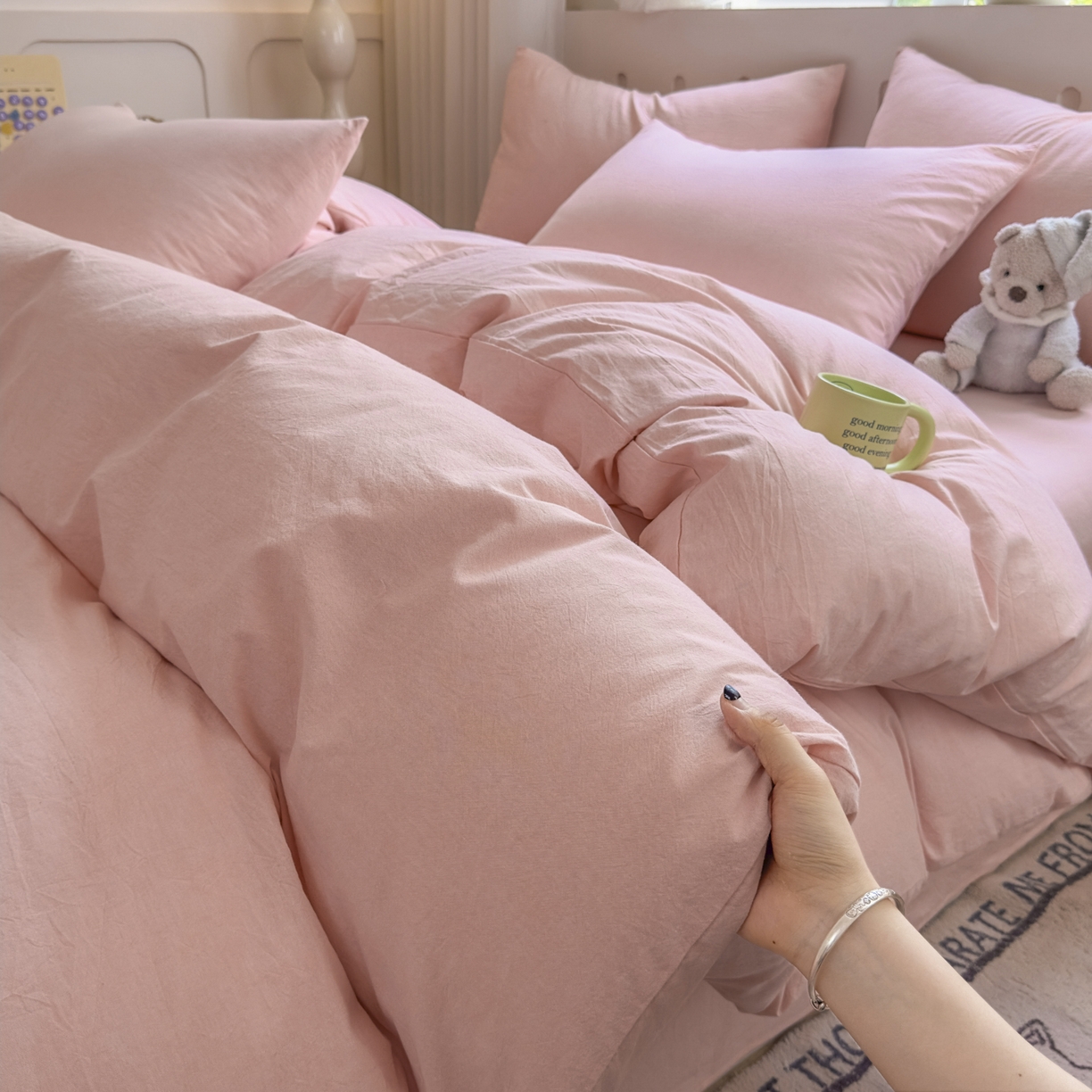 91家纺网 家纺一手货源 找家纺 （总）晚依家纺 2025新款A类全棉色织水洗棉四件套纯棉格子纯色被套学生宿舍三件套定制定做