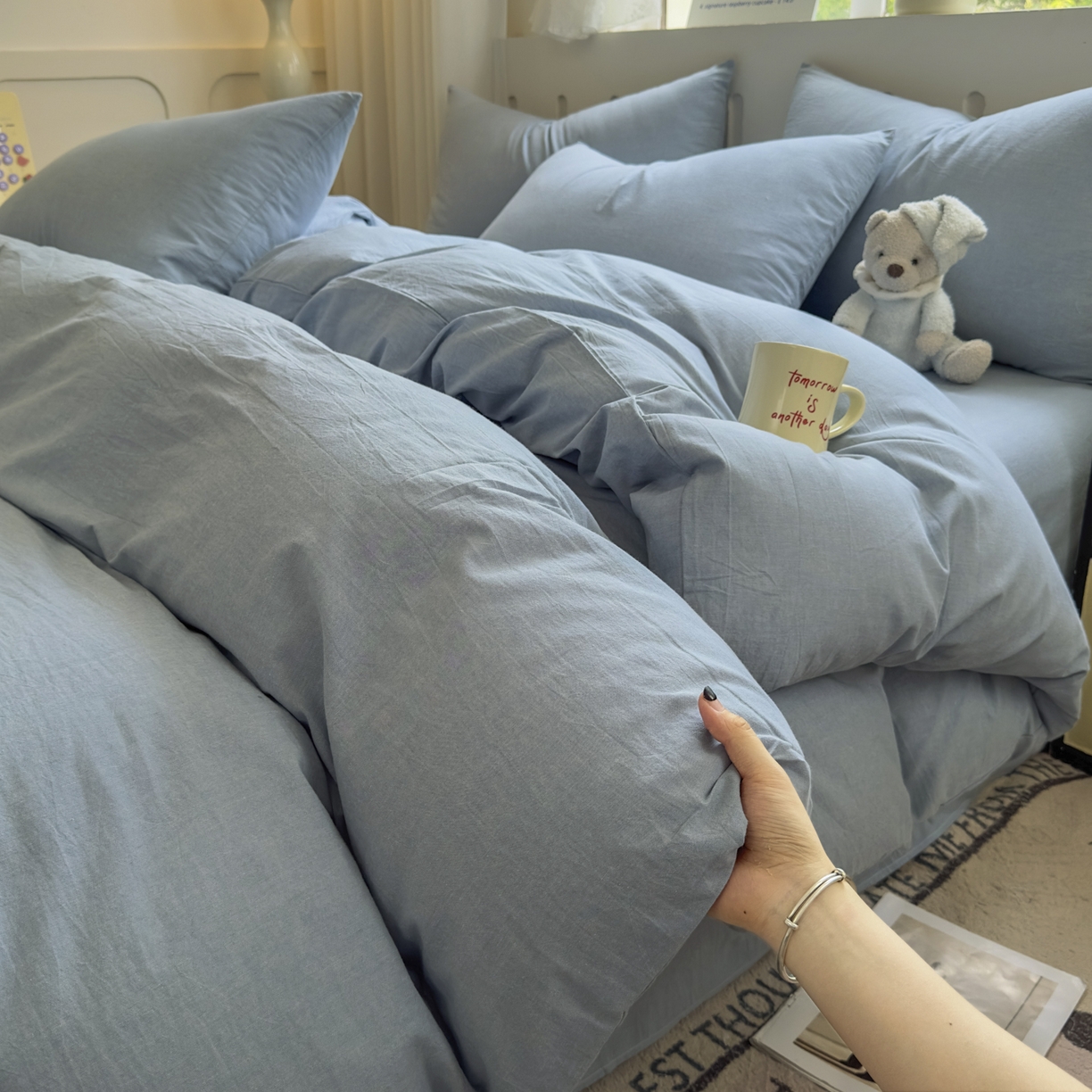 91家纺网 家纺一手货源 找家纺 （总）晚依家纺 2025新款A类全棉色织水洗棉四件套纯棉格子纯色被套学生宿舍三件套定制定做