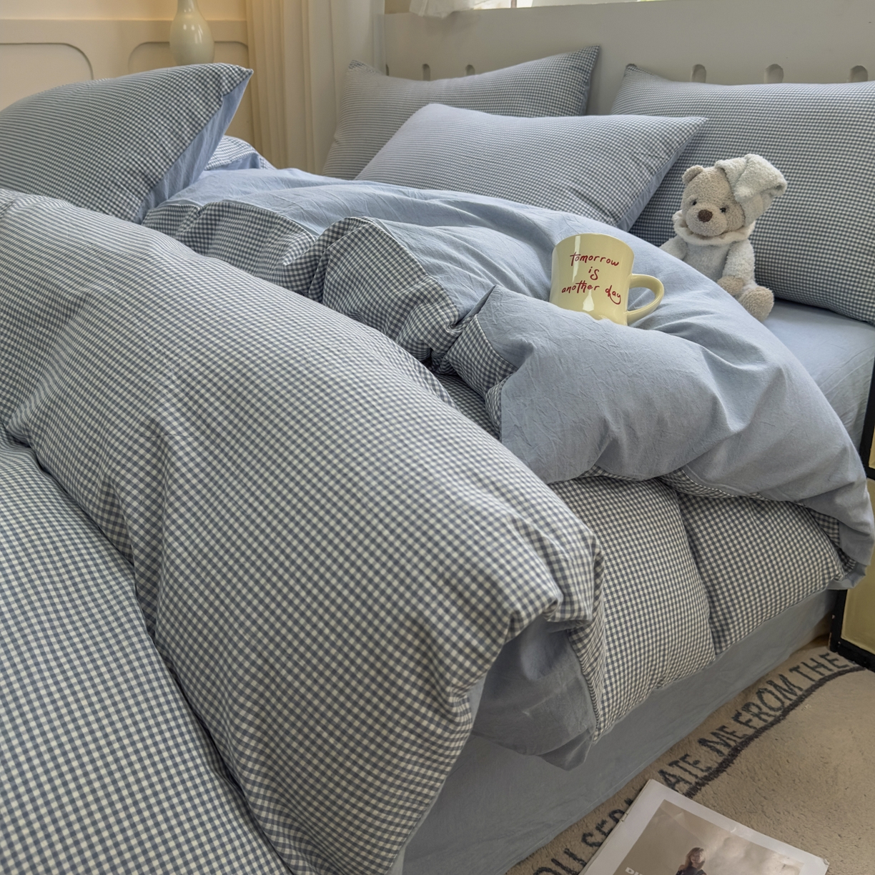 91家纺网 家纺一手货源 找家纺 （总）晚依家纺 2025新款A类全棉色织水洗棉四件套纯棉格子纯色被套学生宿舍三件套定制定做