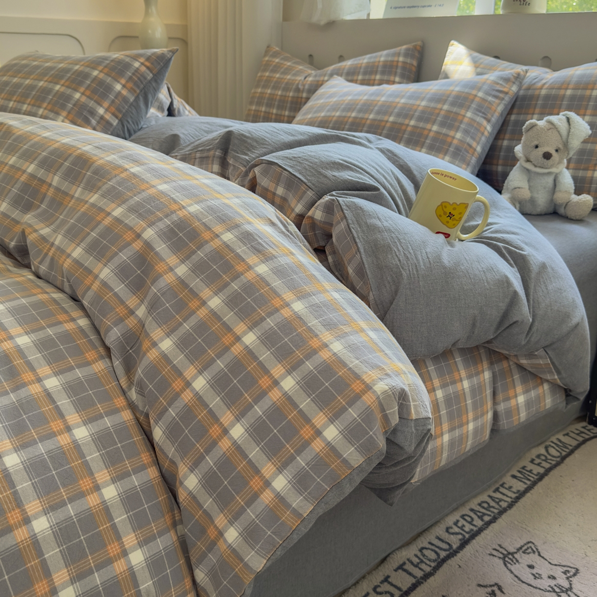 91家纺网 家纺一手货源 找家纺 （总）晚依家纺 2025新款A类全棉色织水洗棉四件套纯棉格子纯色被套学生宿舍三件套定制定做