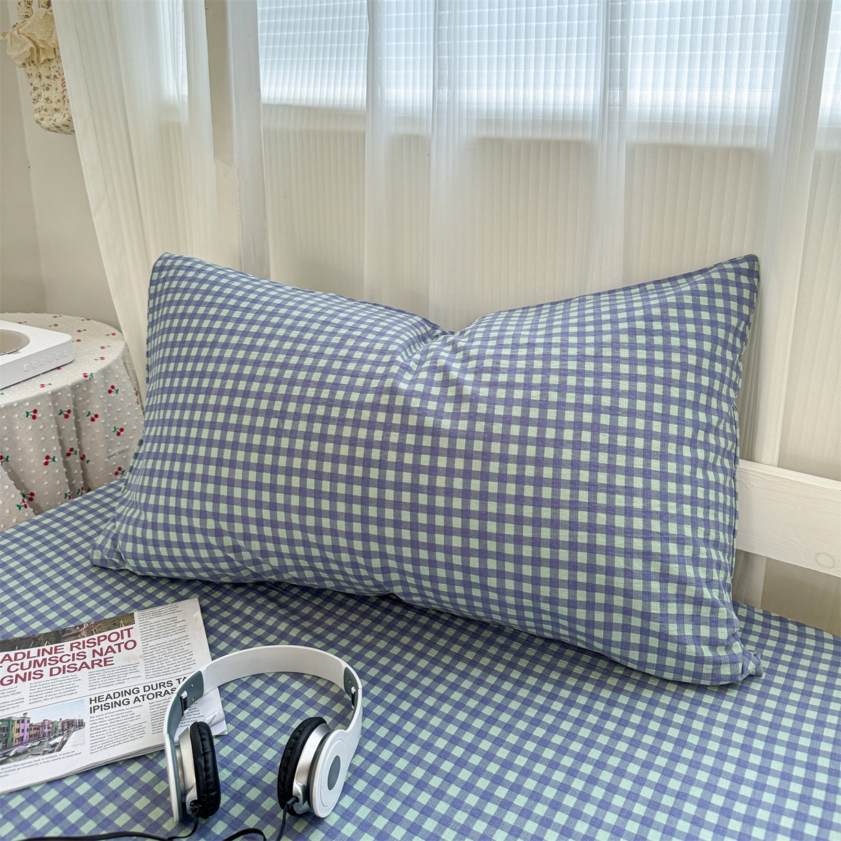 91家纺网 家纺一手货源 找家纺 多品家纺 2025新款超柔云感双层纱单枕套  绿格