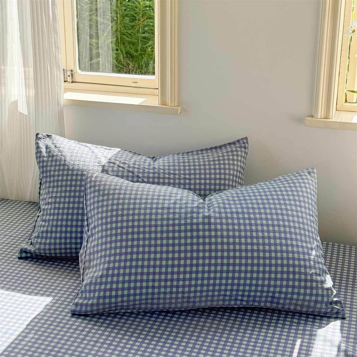 多品家纺 2025新款超柔云感双层纱单枕套 绿格