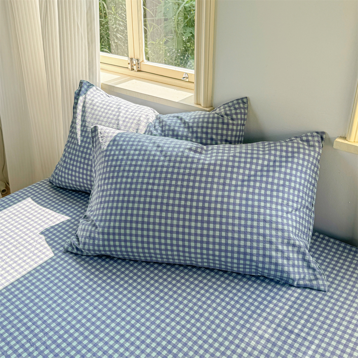 91家纺网 家纺一手货源 找家纺 多品家纺 2025新款超柔云感双层纱单枕套  绿格