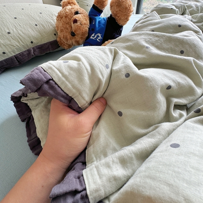 91家纺网 家纺一手货源 找家纺 8+8 2025新款全棉纯棉双层纱镂空花边/皱皱花边四件套 花边款-海盐拿铁