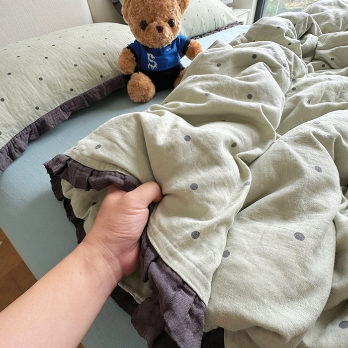 91家纺网 家纺一手货源 找家纺 8+8 2025新款全棉纯棉双层纱镂空花边/皱皱花边四件套 花边款-海盐拿铁