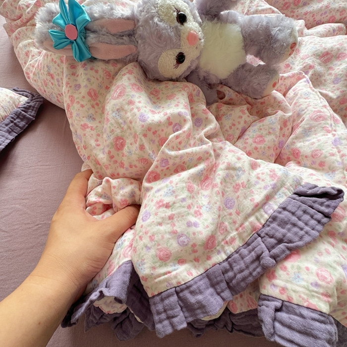 91家纺网 家纺一手货源 找家纺 8+8 2025新款全棉纯棉双层纱镂空花边/皱皱花边四件套 花边款-花镜