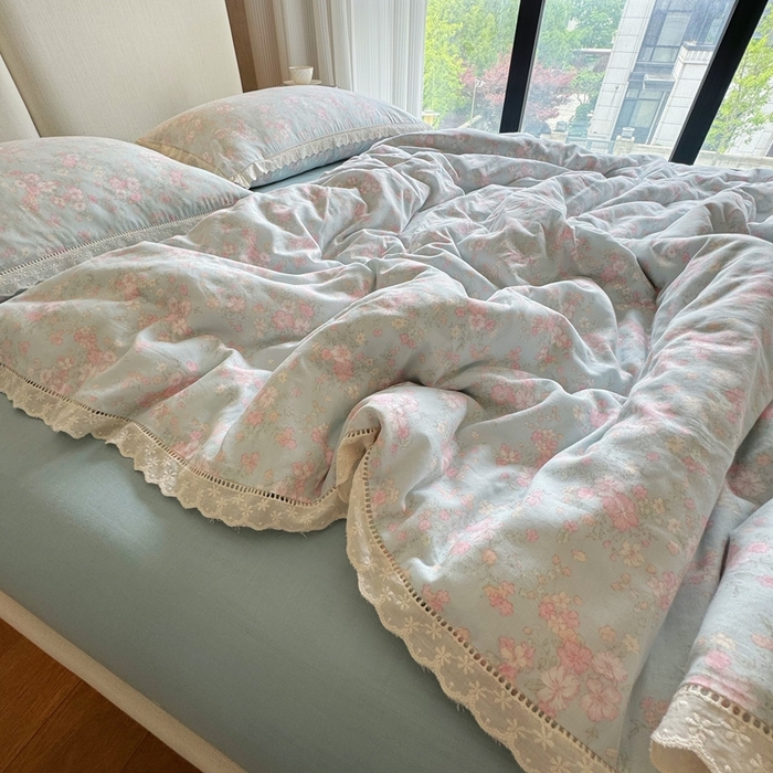 91家纺网 家纺一手货源 找家纺 8+8 2025新款全棉纯棉双层纱镂空花边/皱皱花边四件套 花边款-莱茵河畔