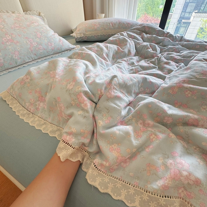 91家纺网 家纺一手货源 找家纺 8+8 2025新款全棉纯棉双层纱镂空花边/皱皱花边四件套 花边款-莱茵河畔