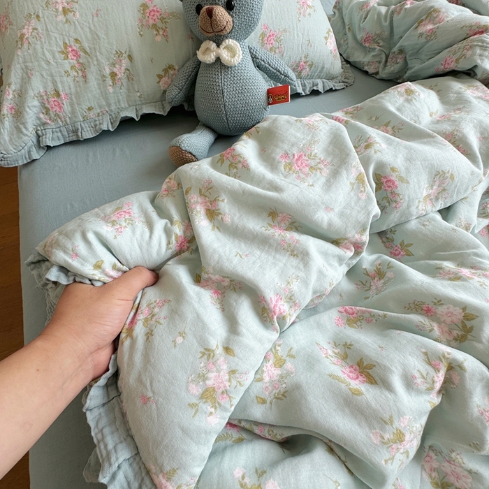 91家纺网 家纺一手货源 找家纺 8+8 2025新款全棉纯棉双层纱镂空花边/皱皱花边四件套 花边款-兰溪