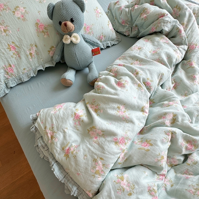 91家纺网 家纺一手货源 找家纺 8+8 2025新款全棉纯棉双层纱镂空花边/皱皱花边四件套 花边款-兰溪