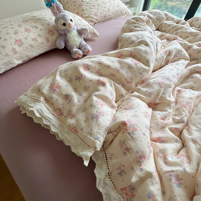 91家纺网 家纺一手货源 找家纺 8+8 2025新款全棉纯棉双层纱镂空花边/皱皱花边四件套 花边款-梦露