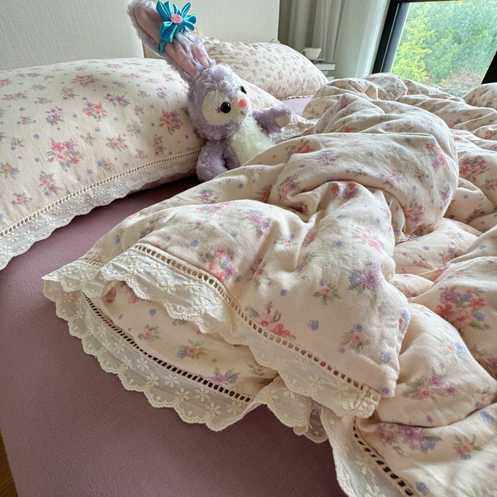 91家纺网 家纺一手货源 找家纺 8+8 2025新款全棉纯棉双层纱镂空花边/皱皱花边四件套 花边款-梦露