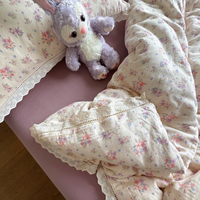 91家纺网 家纺一手货源 找家纺 8+8 2025新款全棉纯棉双层纱镂空花边/皱皱花边四件套 花边款-梦露