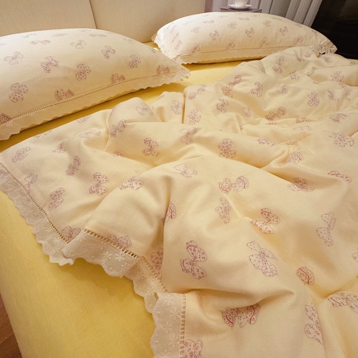 91家纺网 家纺一手货源 找家纺 8+8 2025新款全棉纯棉双层纱镂空花边/皱皱花边四件套 花边款-奶油派