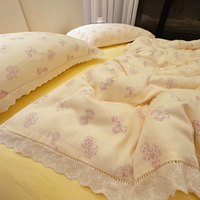 91家纺网 家纺一手货源 找家纺 8+8 2025新款全棉纯棉双层纱镂空花边/皱皱花边四件套 花边款-奶油派
