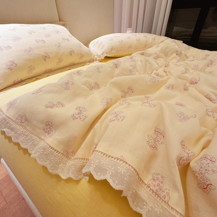 91家纺网 家纺一手货源 找家纺 8+8 2025新款全棉纯棉双层纱镂空花边/皱皱花边四件套 花边款-奶油派