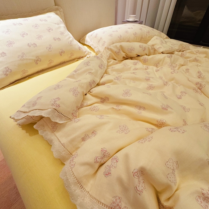 91家纺网 家纺一手货源 找家纺 8+8 2025新款全棉纯棉双层纱镂空花边/皱皱花边四件套 花边款-奶油派