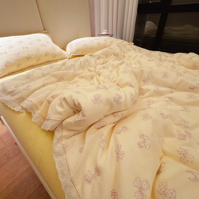 91家纺网 家纺一手货源 找家纺 8+8 2025新款全棉纯棉双层纱镂空花边/皱皱花边四件套 花边款-奶油派