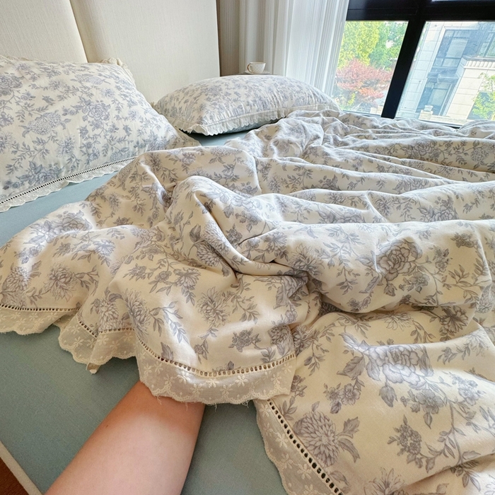 91家纺网 家纺一手货源 找家纺 8+8 2025新款全棉纯棉双层纱镂空花边/皱皱花边四件套 花边款-南山南