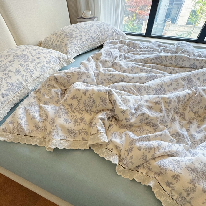 91家纺网 家纺一手货源 找家纺 8+8 2025新款全棉纯棉双层纱镂空花边/皱皱花边四件套 花边款-南山南