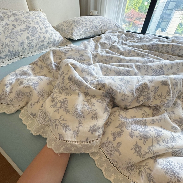 91家纺网 家纺一手货源 找家纺 8+8 2025新款全棉纯棉双层纱镂空花边/皱皱花边四件套 花边款-南山南