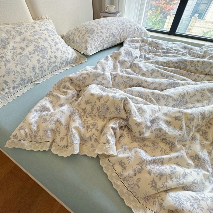 91家纺网 家纺一手货源 找家纺 8+8 2025新款全棉纯棉双层纱镂空花边/皱皱花边四件套 花边款-南山南