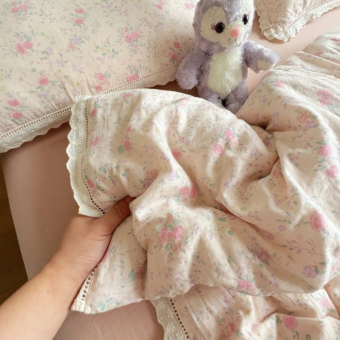 91家纺网 家纺一手货源 找家纺 8+8 2025新款全棉纯棉双层纱镂空花边/皱皱花边四件套 花边款-蔷薇