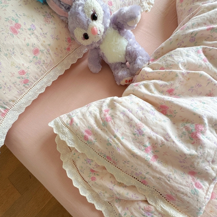 91家纺网 家纺一手货源 找家纺 8+8 2025新款全棉纯棉双层纱镂空花边/皱皱花边四件套 花边款-蔷薇