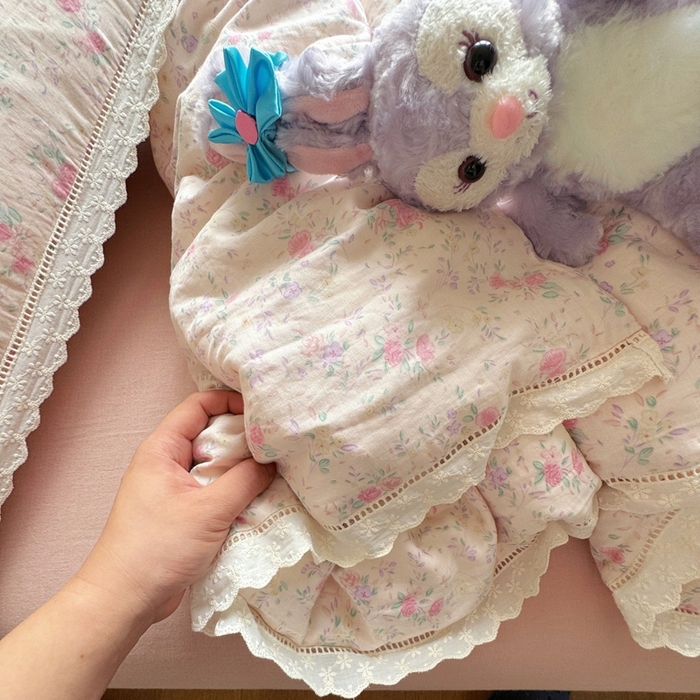 91家纺网 家纺一手货源 找家纺 8+8 2025新款全棉纯棉双层纱镂空花边/皱皱花边四件套 花边款-蔷薇