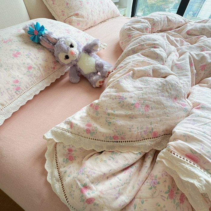 91家纺网 家纺一手货源 找家纺 8+8 2025新款全棉纯棉双层纱镂空花边/皱皱花边四件套 花边款-蔷薇