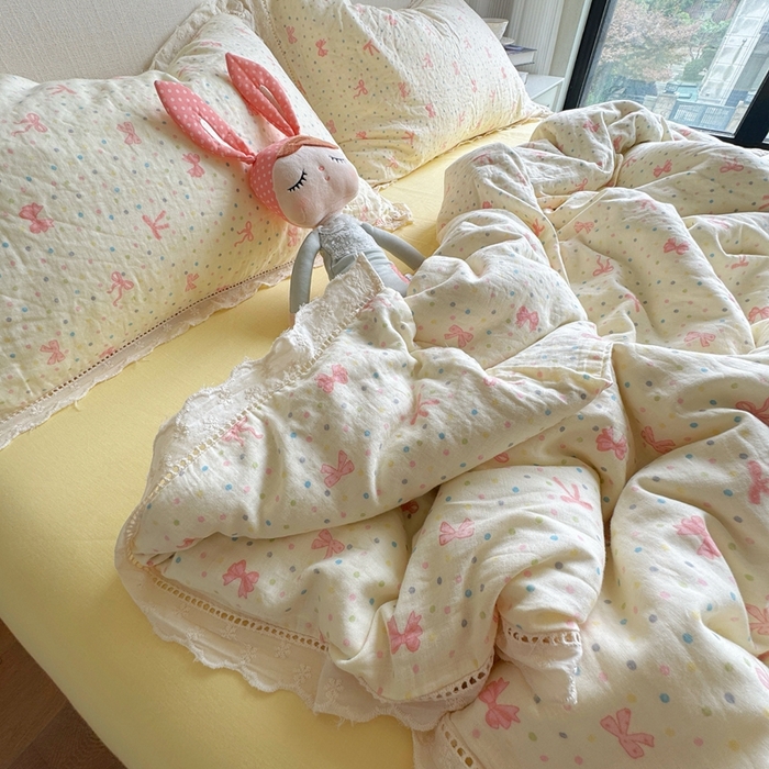 91家纺网 家纺一手货源 找家纺 8+8 2025新款全棉纯棉双层纱镂空花边/皱皱花边四件套 花边款-情人结