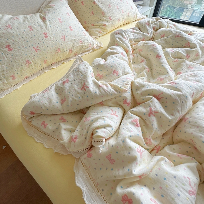 91家纺网 家纺一手货源 找家纺 8+8 2025新款全棉纯棉双层纱镂空花边/皱皱花边四件套 花边款-情人结