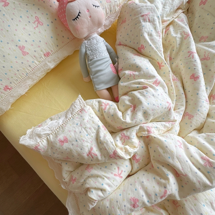 91家纺网 家纺一手货源 找家纺 8+8 2025新款全棉纯棉双层纱镂空花边/皱皱花边四件套 花边款-情人结