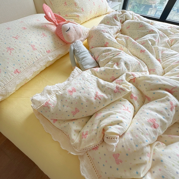 91家纺网 家纺一手货源 找家纺 8+8 2025新款全棉纯棉双层纱镂空花边/皱皱花边四件套 花边款-情人结