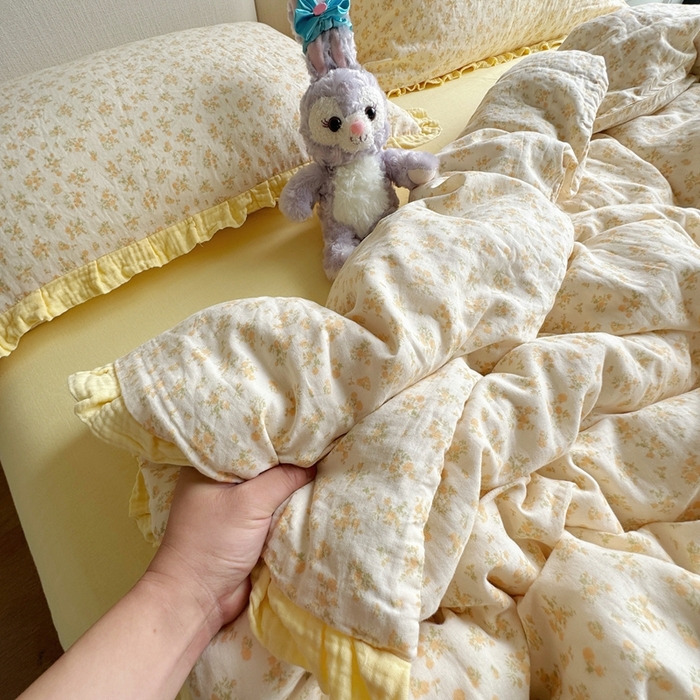 91家纺网 家纺一手货源 找家纺 8+8 2025新款全棉纯棉双层纱镂空花边/皱皱花边四件套 花边款-晴天