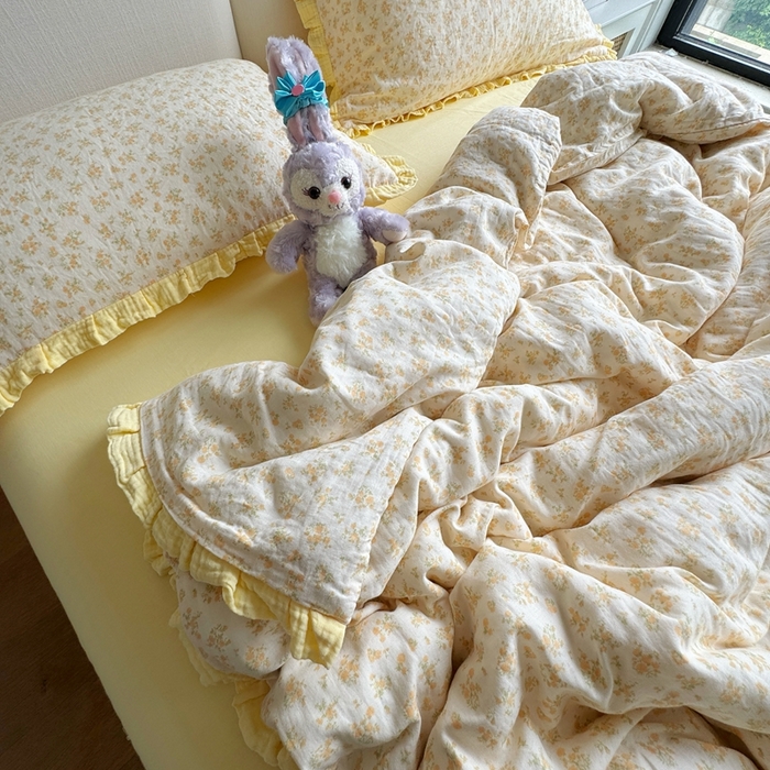 91家纺网 家纺一手货源 找家纺 8+8 2025新款全棉纯棉双层纱镂空花边/皱皱花边四件套 花边款-晴天