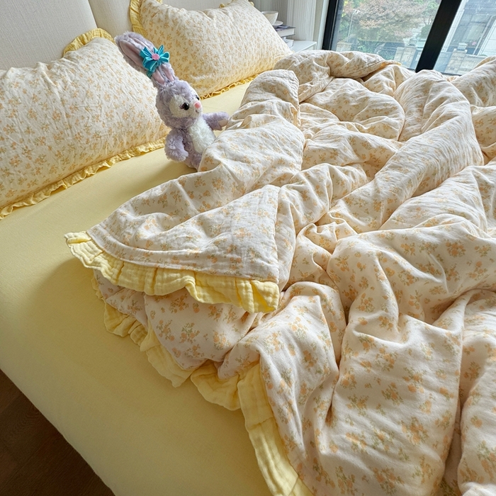 91家纺网 家纺一手货源 找家纺 8+8 2025新款全棉纯棉双层纱镂空花边/皱皱花边四件套 花边款-晴天